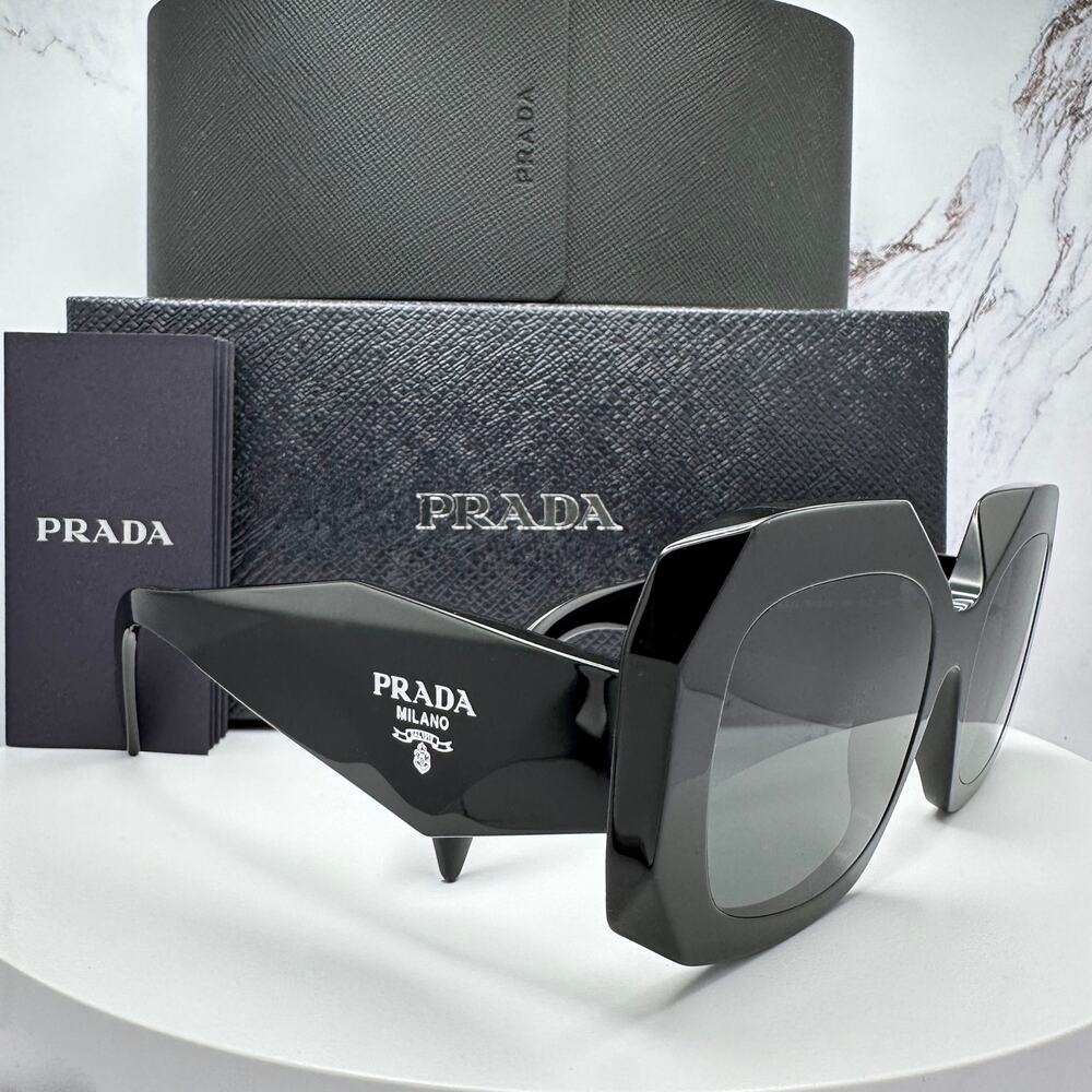 New PRADA Sunglasses Black Silver Symbole Logo Oversized Square Frame 54mm - Picture 2 of 16